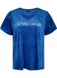 T-shirt i velour med v-hals, Monaco Blue