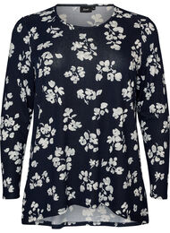 Blomstret bluse med lange &aelig;rmer, Bl&aring;