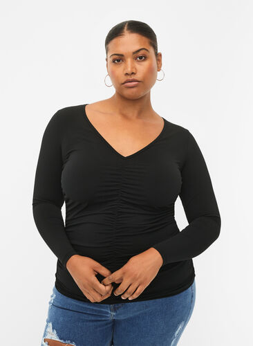 Bluse med v-hals og draperinger, Black, Model image number 0