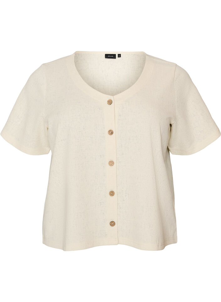 Bluse i bomuld med struktur og knaplukning, Vanilla, Packshot image number 0