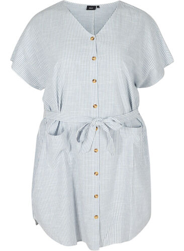 Stribet skjortekjole i bomuld med lommer, Country Blue Stripe, Packshot image number 0