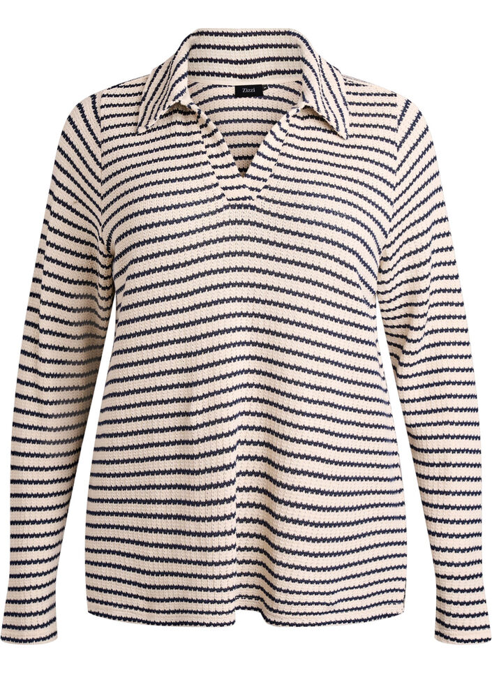 Stribet jerseybluse med krave og V-udsk&aelig;ring, Beige, Packshot image number 0