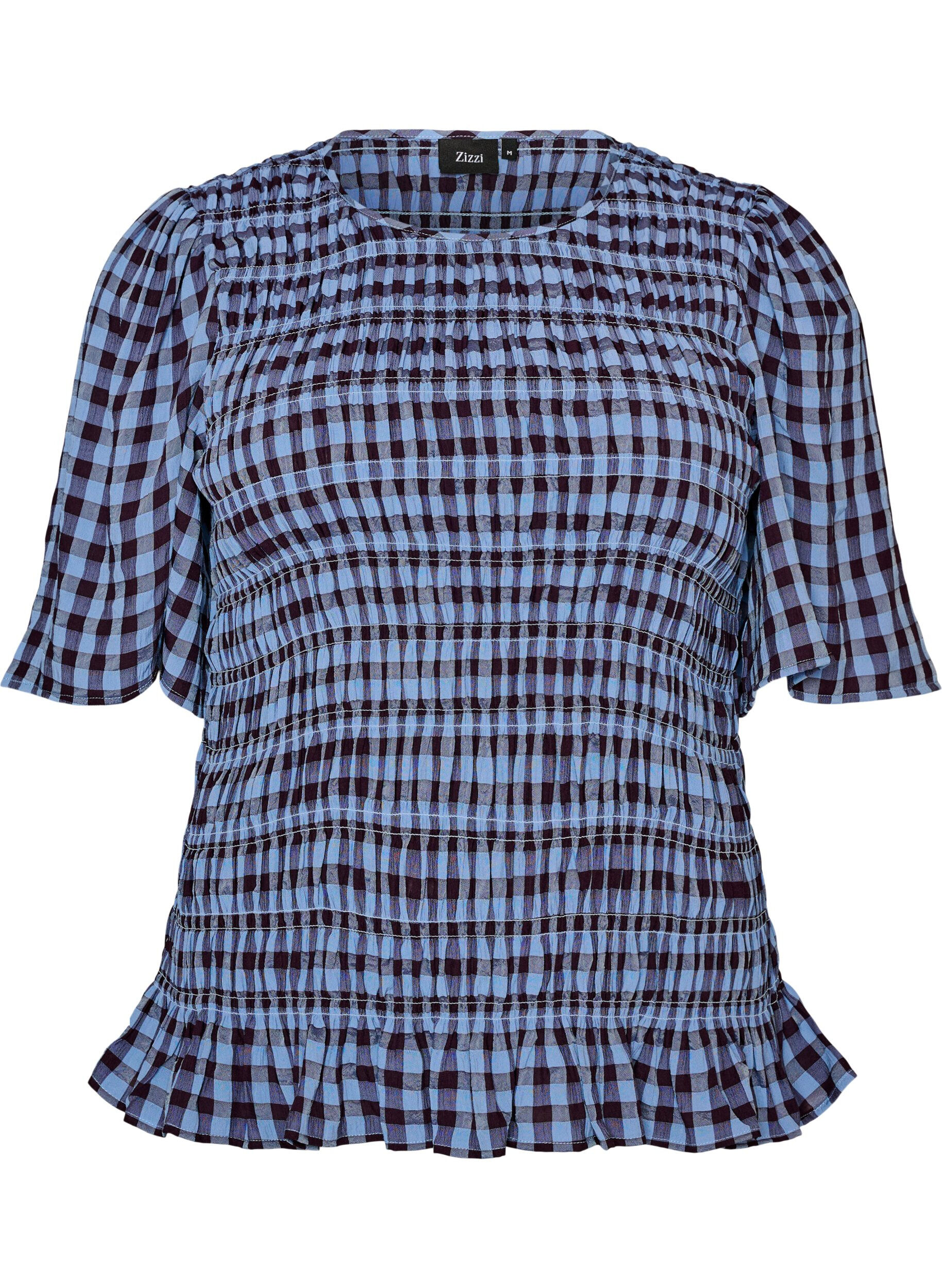 ZizziSmockbluse med gingham tern og fl&aelig;sekant, Bl&aring;, Packshot image number 0