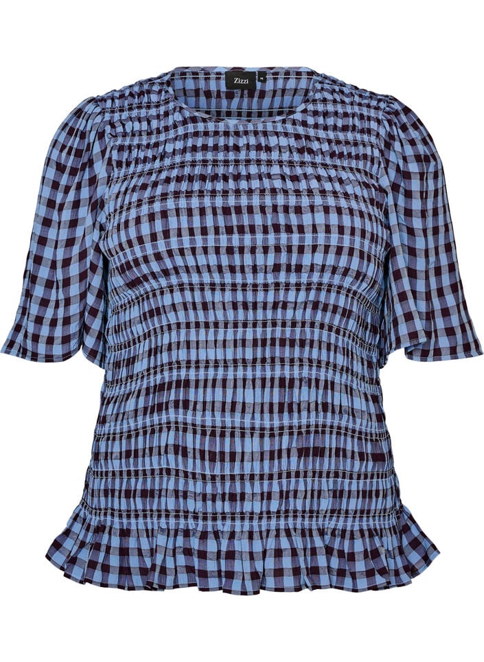 Smockbluse med gingham tern og fl&aelig;sekant, Bl&aring;, Packshot image number 0
