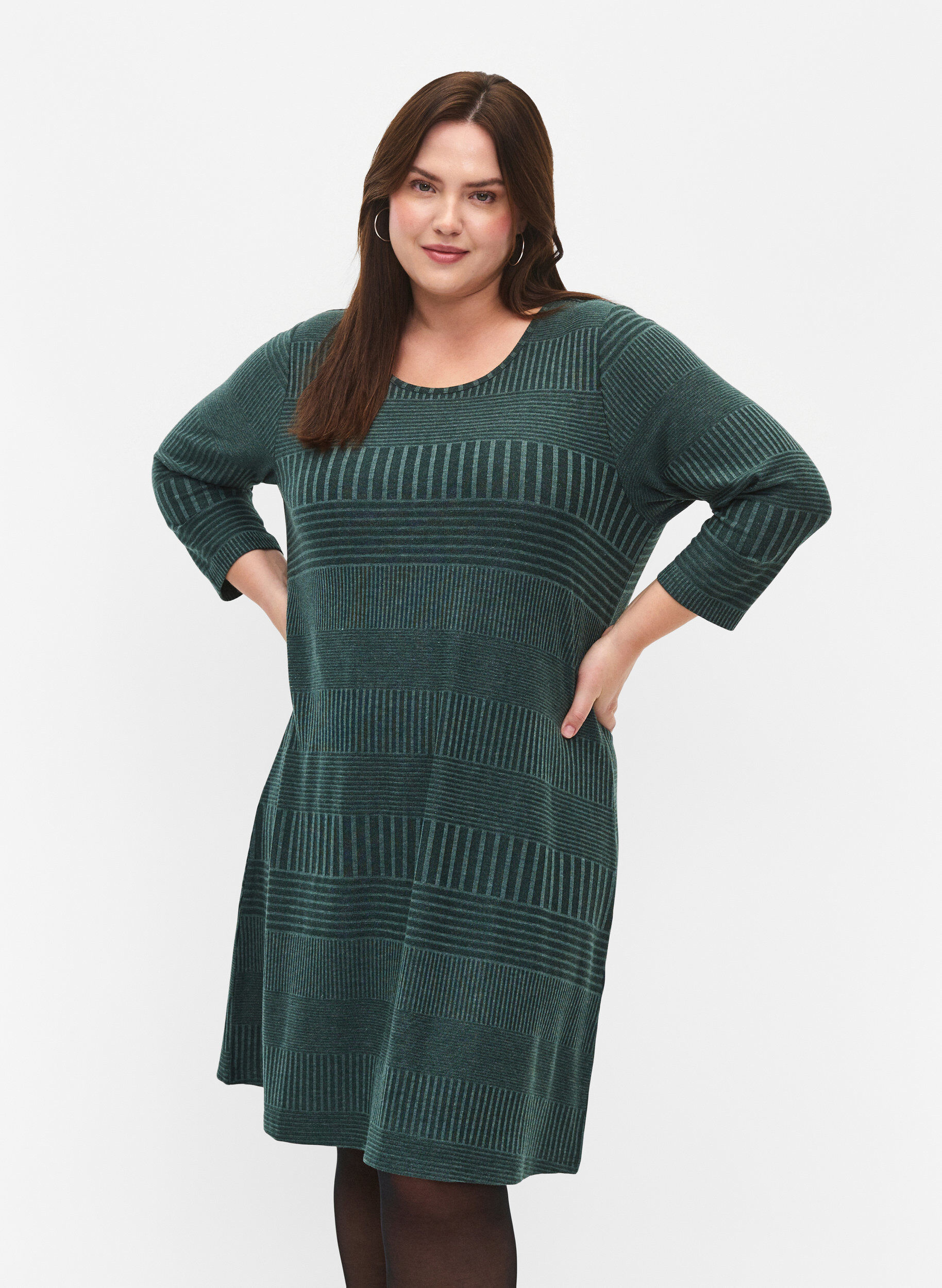 Zizzi Kjole med 3/4 &aelig;rmer og stribet m&oslash;nster, Scarab Melange, Model image number 0