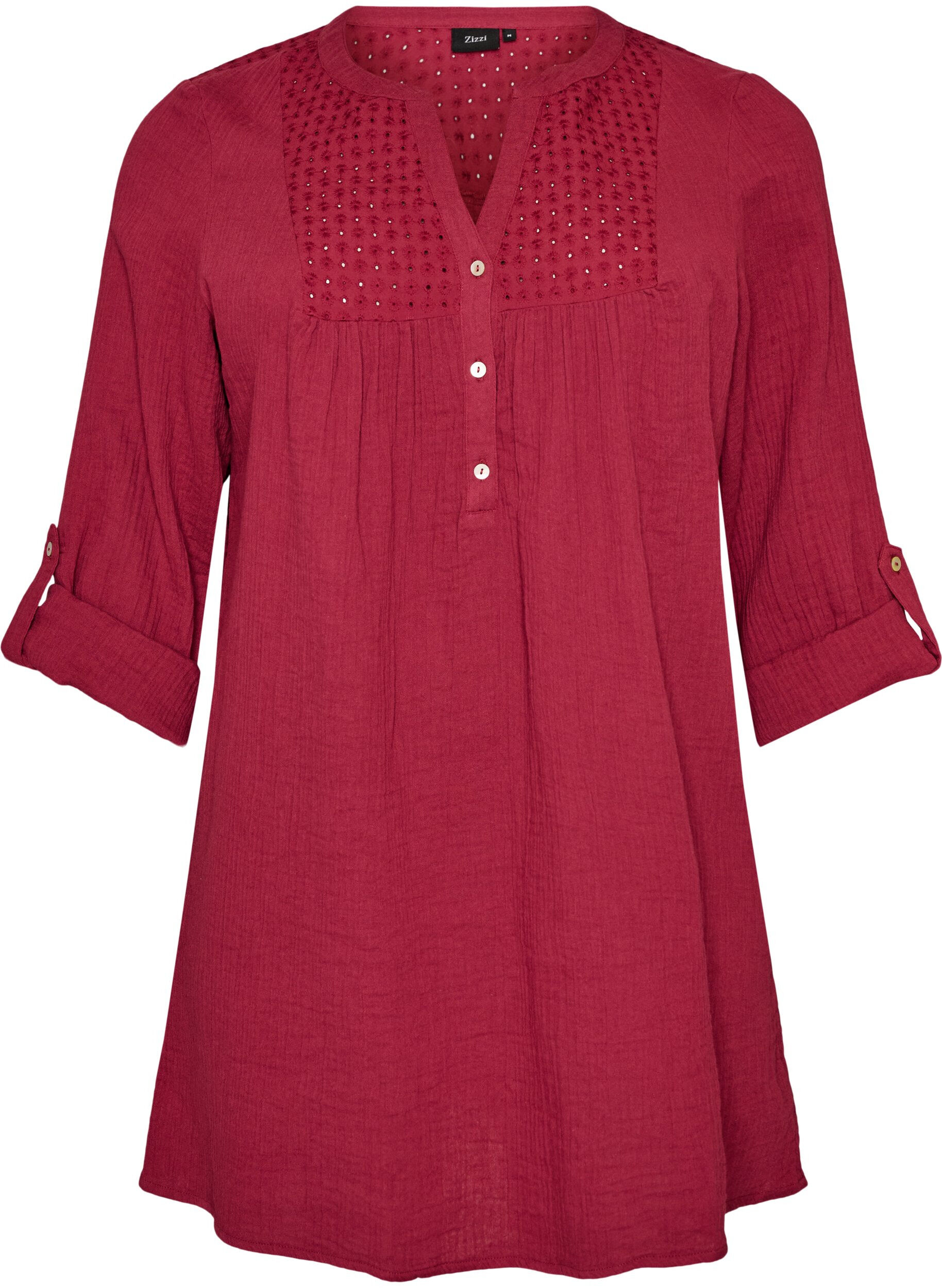 ZizziTunika i bomuldsmusselin med broderi anglaise, R&oslash;d, Packshot image number 0