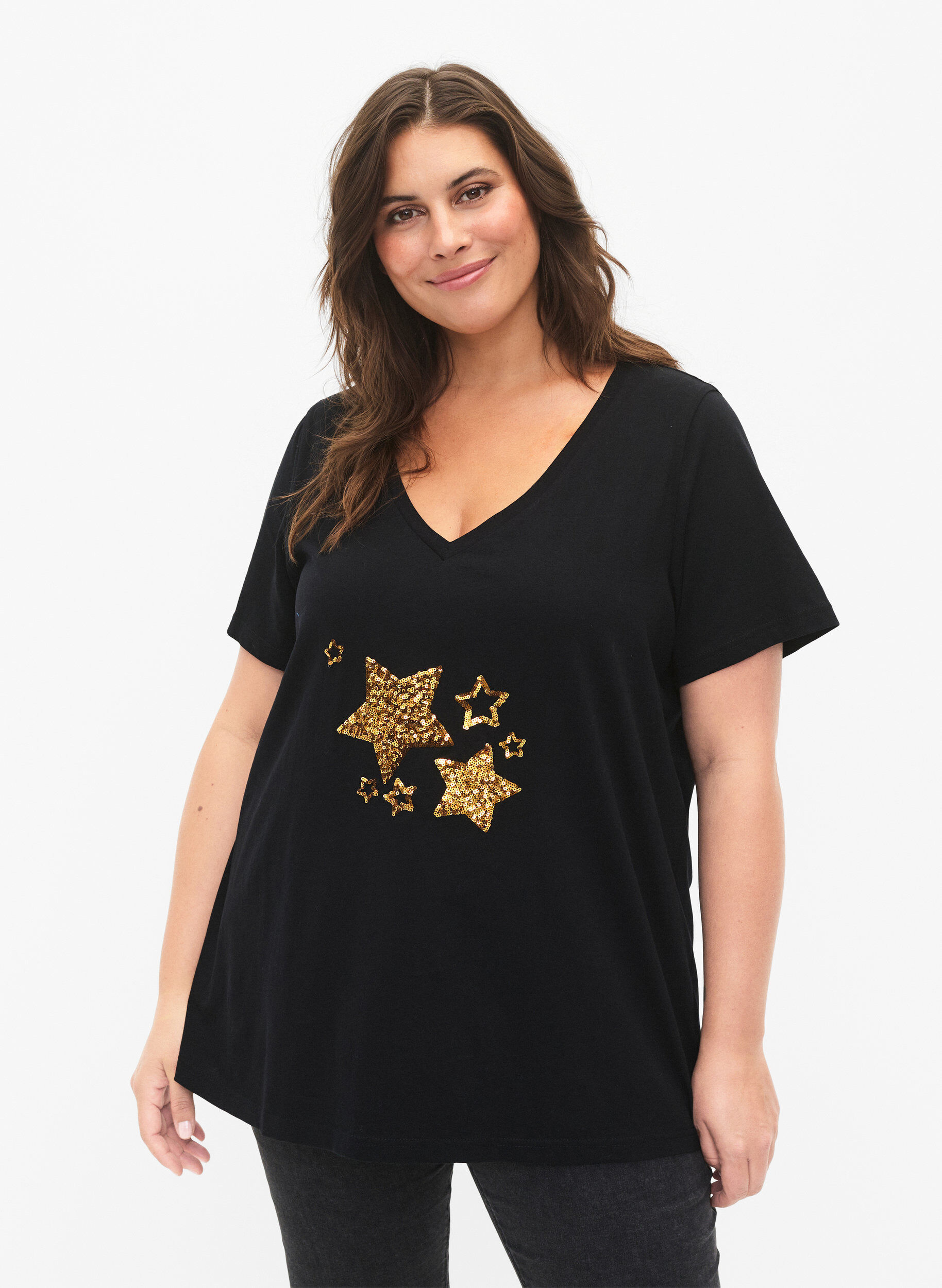 Zizzi Bomulds t-shirt med pailletter, Black W. Star, Model image number 0