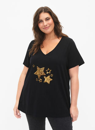 Bomulds t-shirt med pailletter, Black W. Star, Model image number 0
