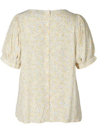 Printet viskose bluse med korte pufærmer, Yellow AOP Flower , Packshot image number 1