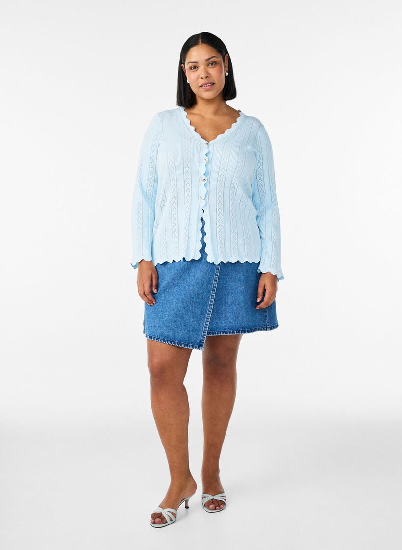 Cardigan med hulm&oslash;nster og b&oslash;lgede kanter, Bl&aring;, Model image number 1