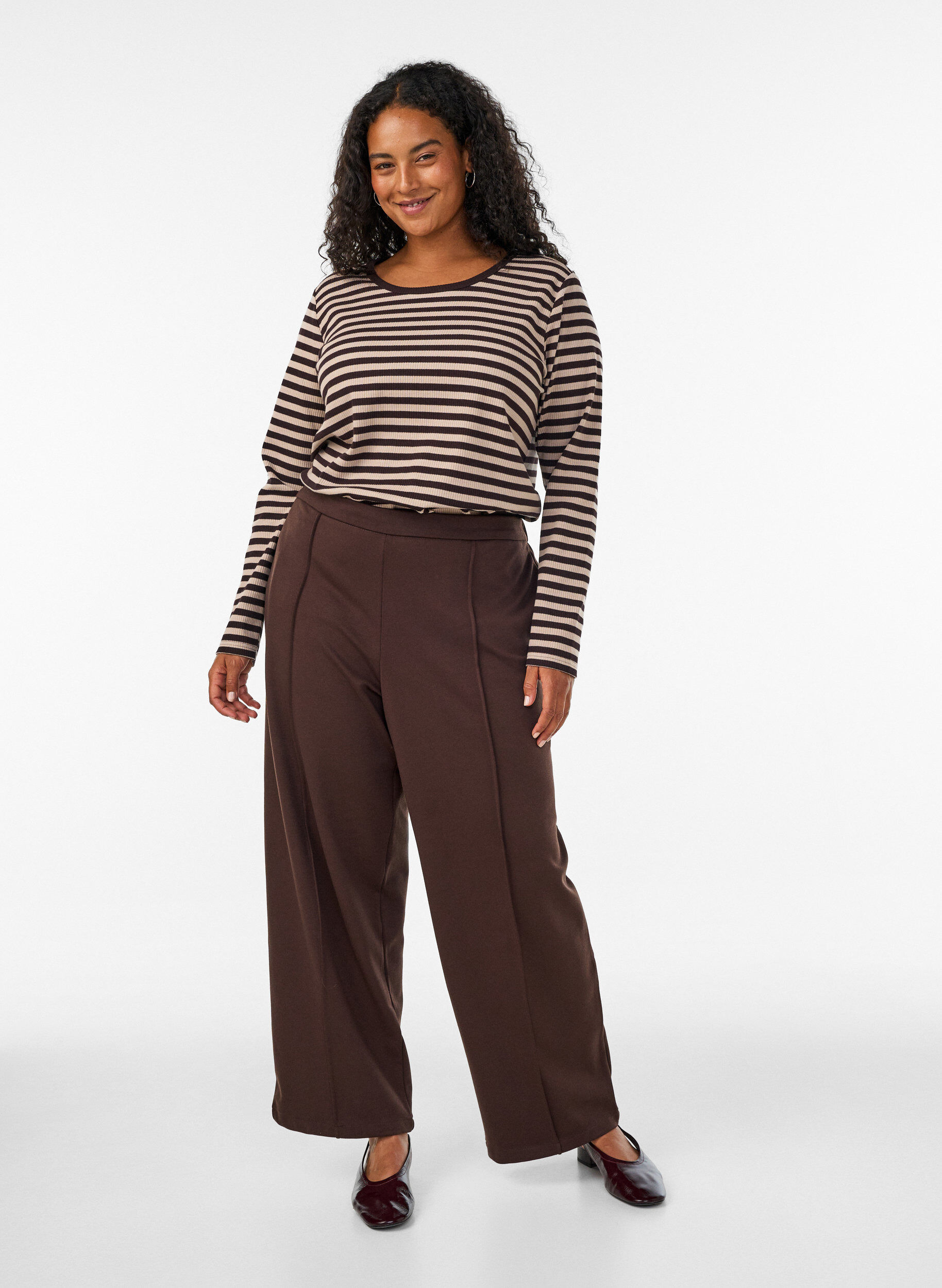 ZizziStribet bluse med lange &aelig;rmer, Brun, Model image number 1