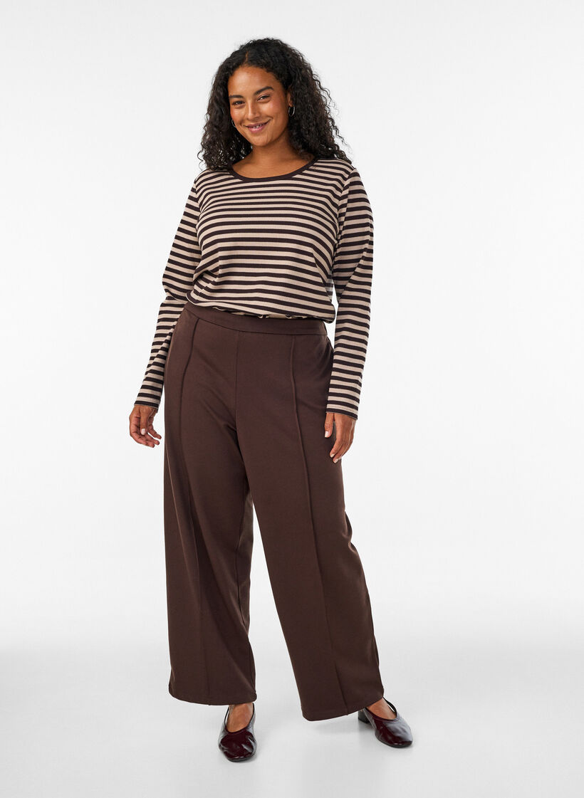 Stribet bluse med lange &aelig;rmer, Brun, Model image number 1