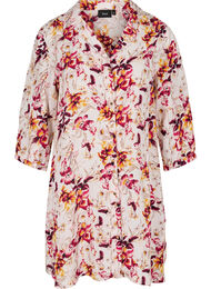 Skjorte tunika i viskose med 3/4 og print, Beige w. Flower AOP