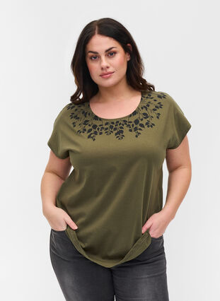 Bomulds t-shirt med printdetaljer, Ivy Green Mel Leaf, Model image number 0