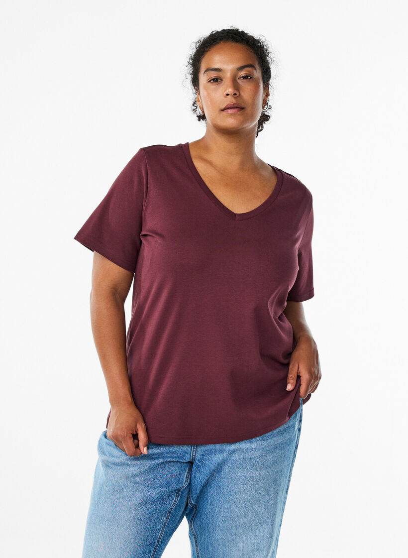 Basis t-shirt i økologisk bomuld med V-hals, Mørk Bordeaux, Model image number 0