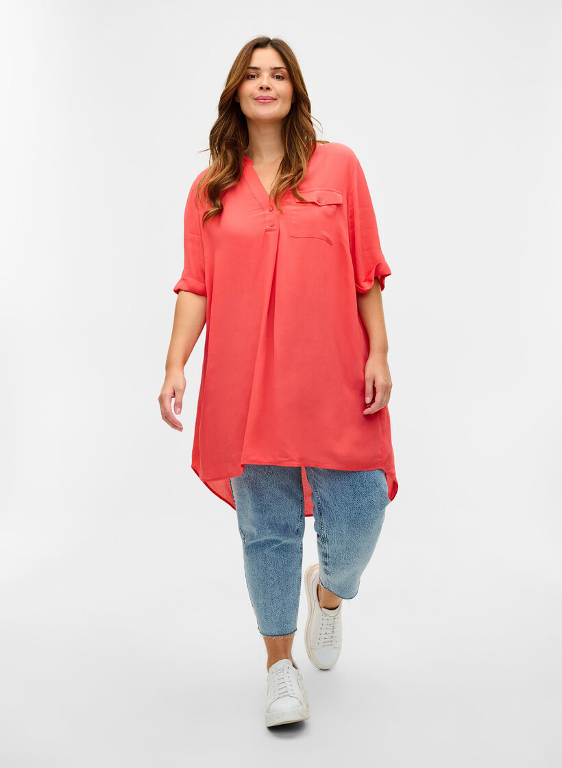 Viskose tunika med korte &aelig;rme, Hot Coral, Model image number 2
