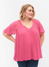 Ensfarvet bluse med flagermusærmer og v-hals, Shocking Pink, Model