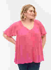 Ensfarvet bluse med flagermusærmer og v-hals, Shocking Pink, Model
