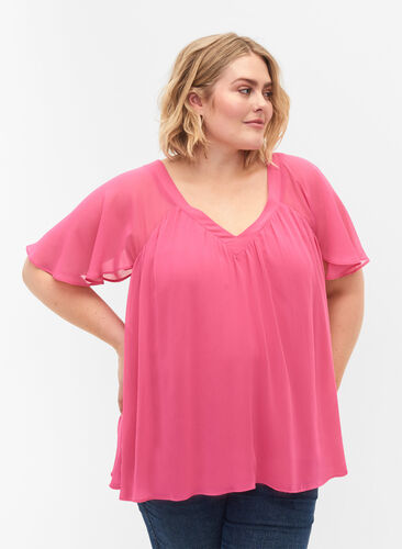 Ensfarvet bluse med flagermusærmer og v-hals, Shocking Pink, Model image number 0
