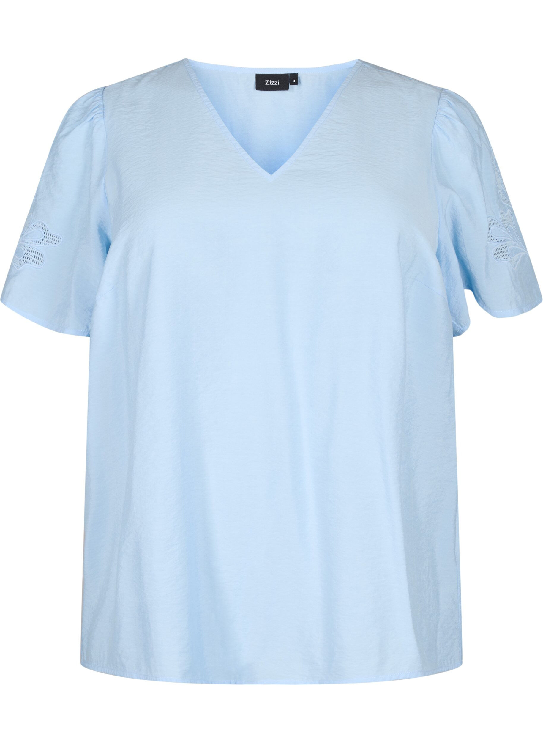 Zizzi Viskosebluse med korte &aelig;rmer og broderi, Bl&aring;, Packshot image number 0