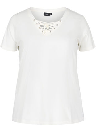 Økologisk bomulds t-shirt med snøredetalje, Warm Off-white, Packshot image number 0