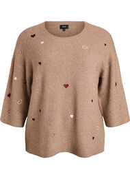 Strikbluse med hjerter og 3/4 &aelig;rmer, Brun