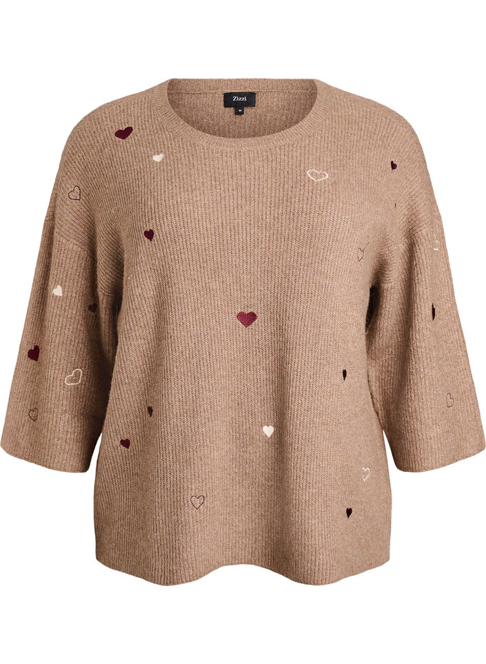 Strikbluse med hjerter og 3/4 &aelig;rmer, Brun, Packshot image number 0