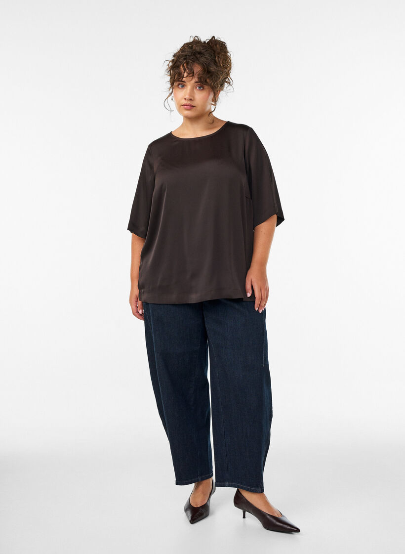 Satinbluse med albuelange &aelig;rmer, Brun, Model image number 1