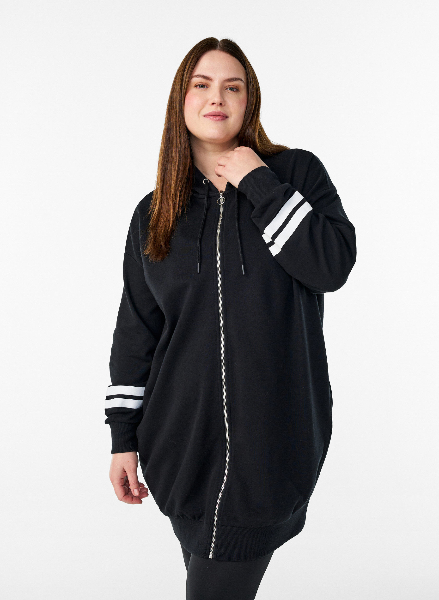 Lang sweat cardigan med printdetaljer, Sort, Model