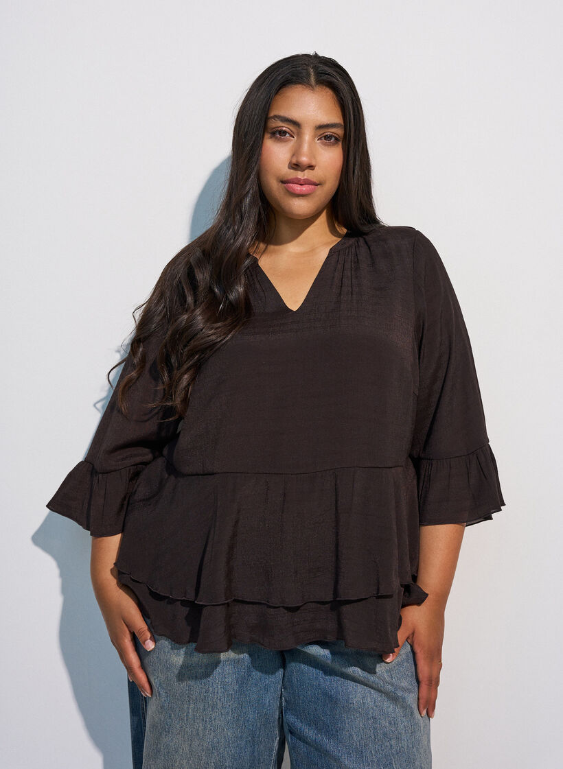 Bluse med 3/4-&aelig;rmer og fl&aelig;sedetaljer, Brun, Model image number 0