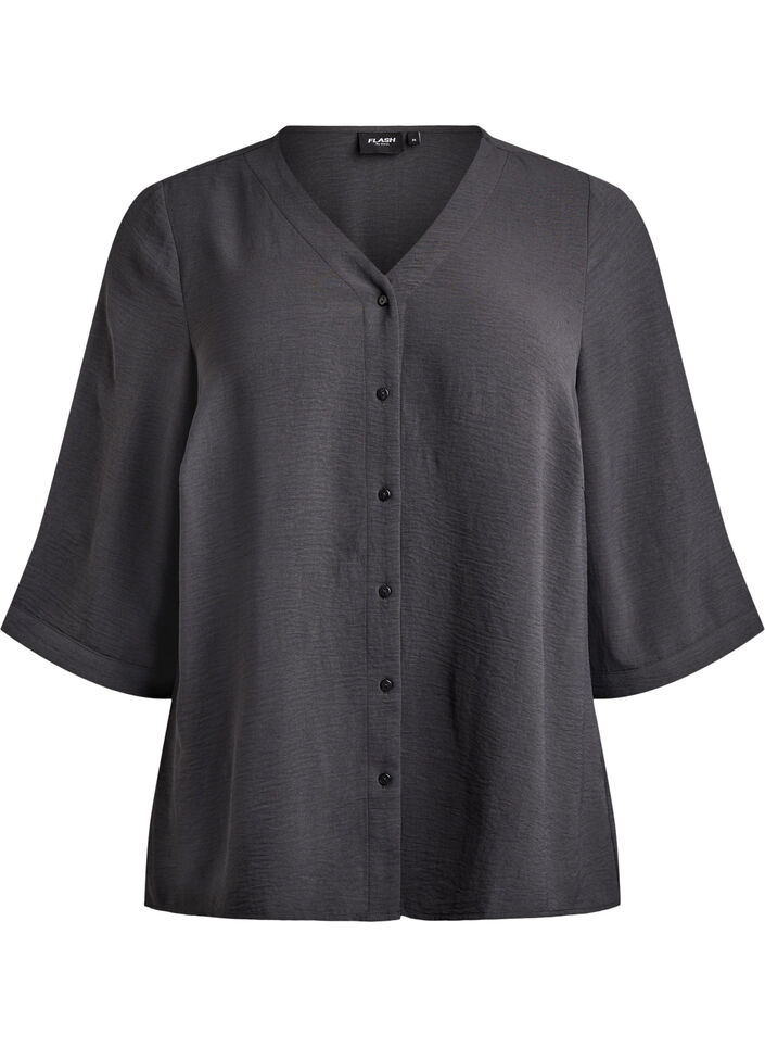 Skjortebluse med V-udsk&aelig;ring og 3/4-&aelig;rmer, Gr&aring;, Packshot image number 0