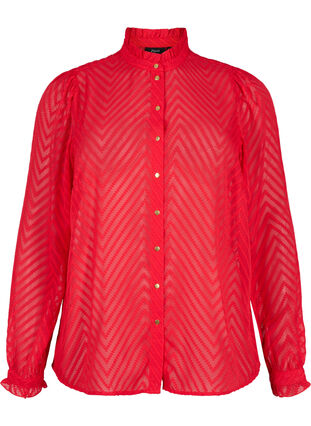 Skjortebluse med flæser og mønstret tekstur, Tango Red, Packshot image number 0