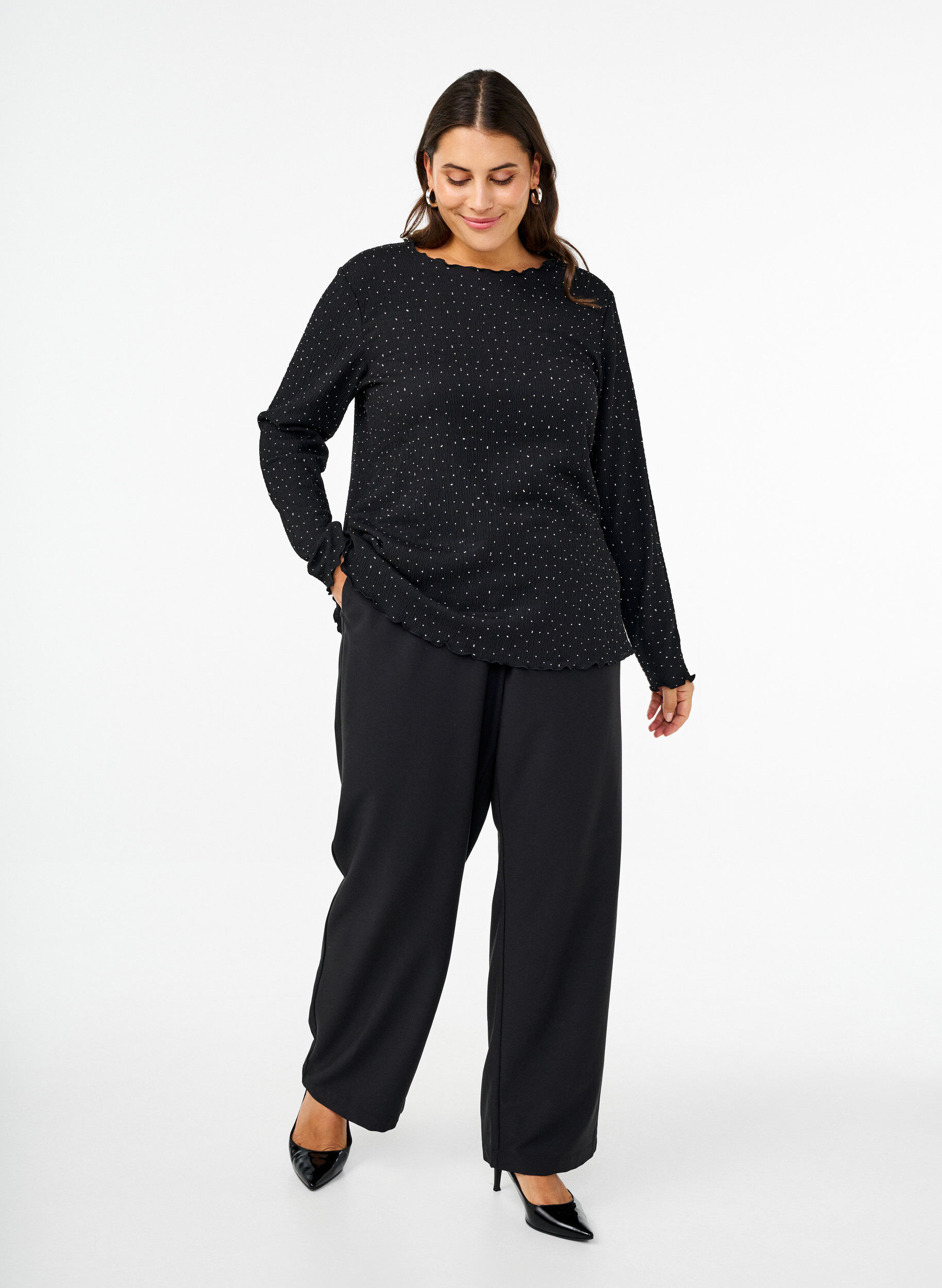 Zizzi Lang&aelig;rmet bluse med rhinsten, Sort, Model image number 1