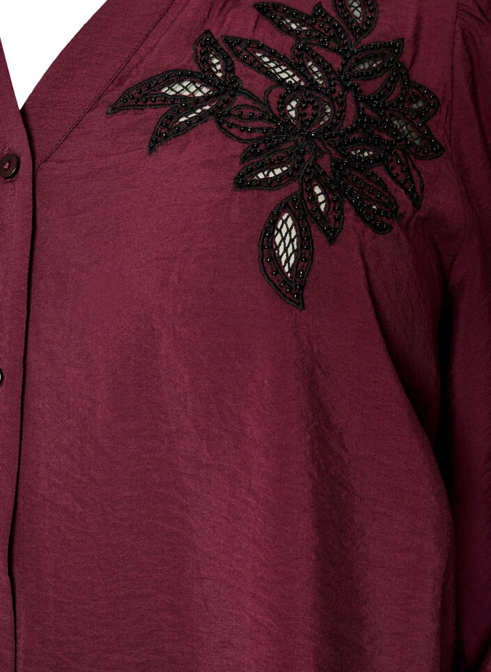 Skjortebluse med broderede blomsterapplikationer, R&oslash;d, Packshot image number 2