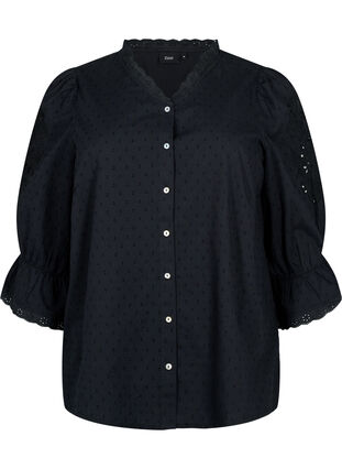 Skjortebluse med struktur og broderi anglaise, Black, Packshot image number 0