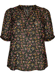 Bluse med blomsterprint og V-udsk&aelig;ring, Sort