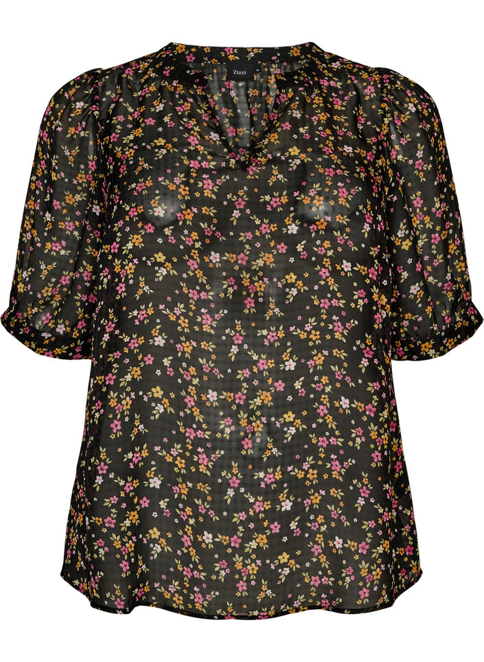 Bluse med blomsterprint og V-udsk&aelig;ring, Sort, Packshot image number 0