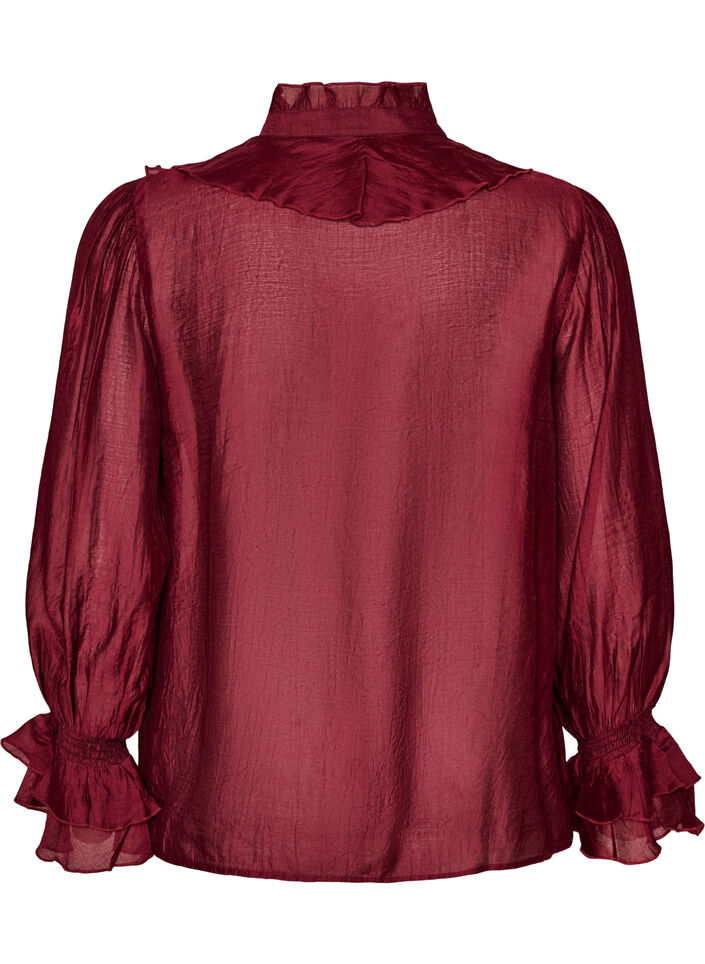 Bluse i viskose med fl&aelig;ser og lange &aelig;rmer, R&oslash;d, Packshot image number 1