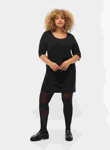 Ensfarvet kjole med 3/4 ærmer og slids, Black, Model image number 3
