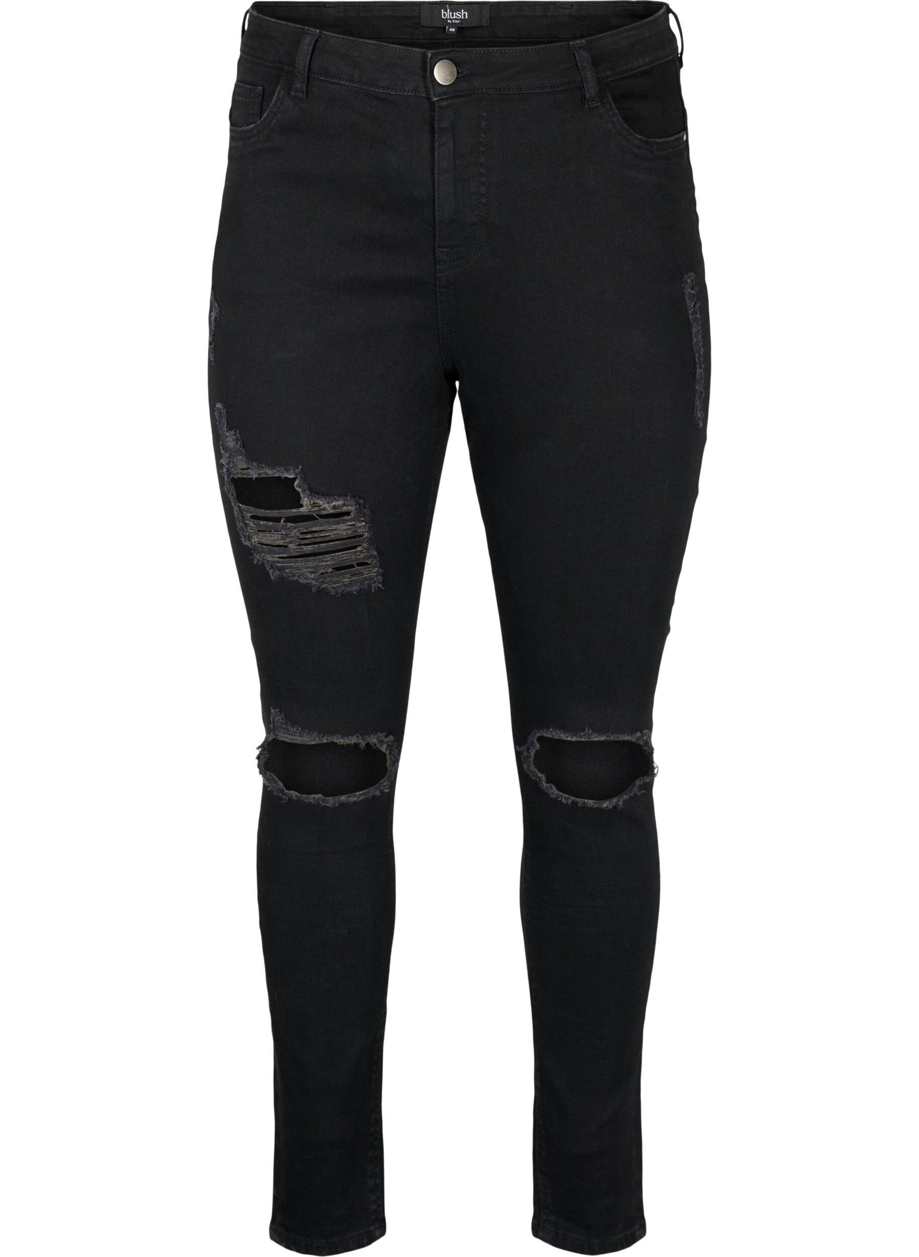Zizzi T&aelig;tsiddende jeans med sliddetaljer, Black, Packshot image number 0