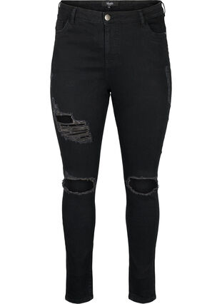 Tætsiddende jeans med sliddetaljer, Black, Packshot image number 0