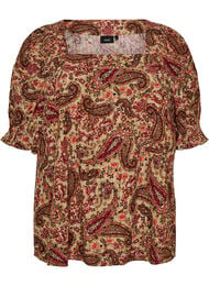 Viskosebluse med paisleyprint og firkantet udsk&aelig;ring, Brun