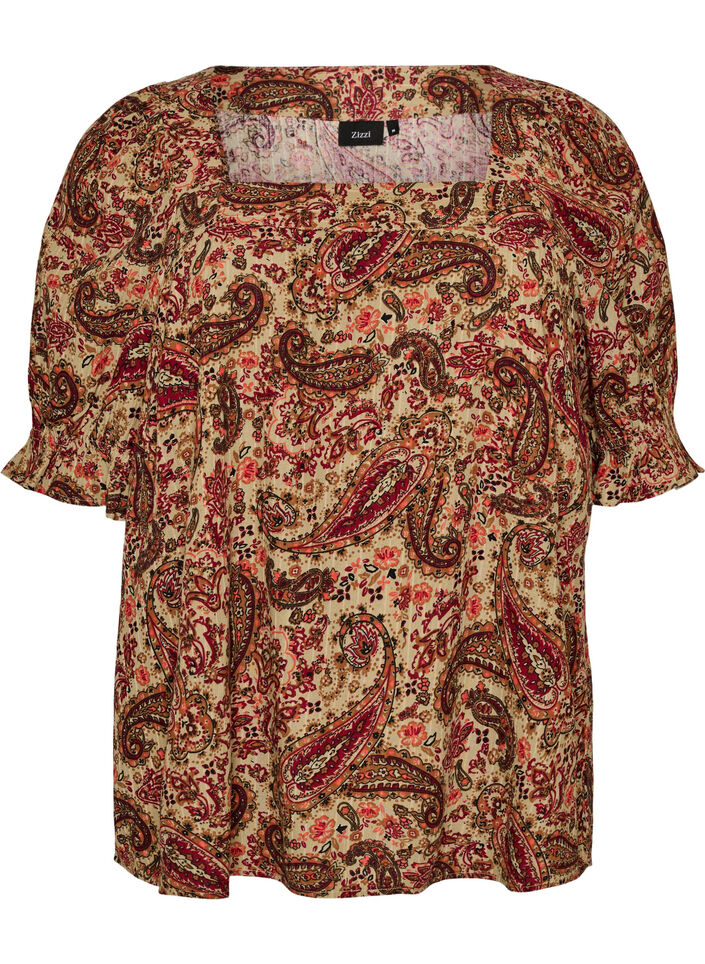 Viskosebluse med paisleyprint og firkantet udsk&aelig;ring, Brun, Packshot image number 0