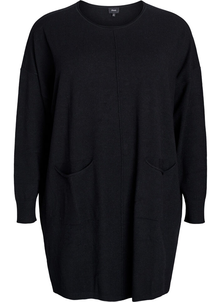 Kort strikkjole med midtersøm og lommer, Sort, Packshot image number 0