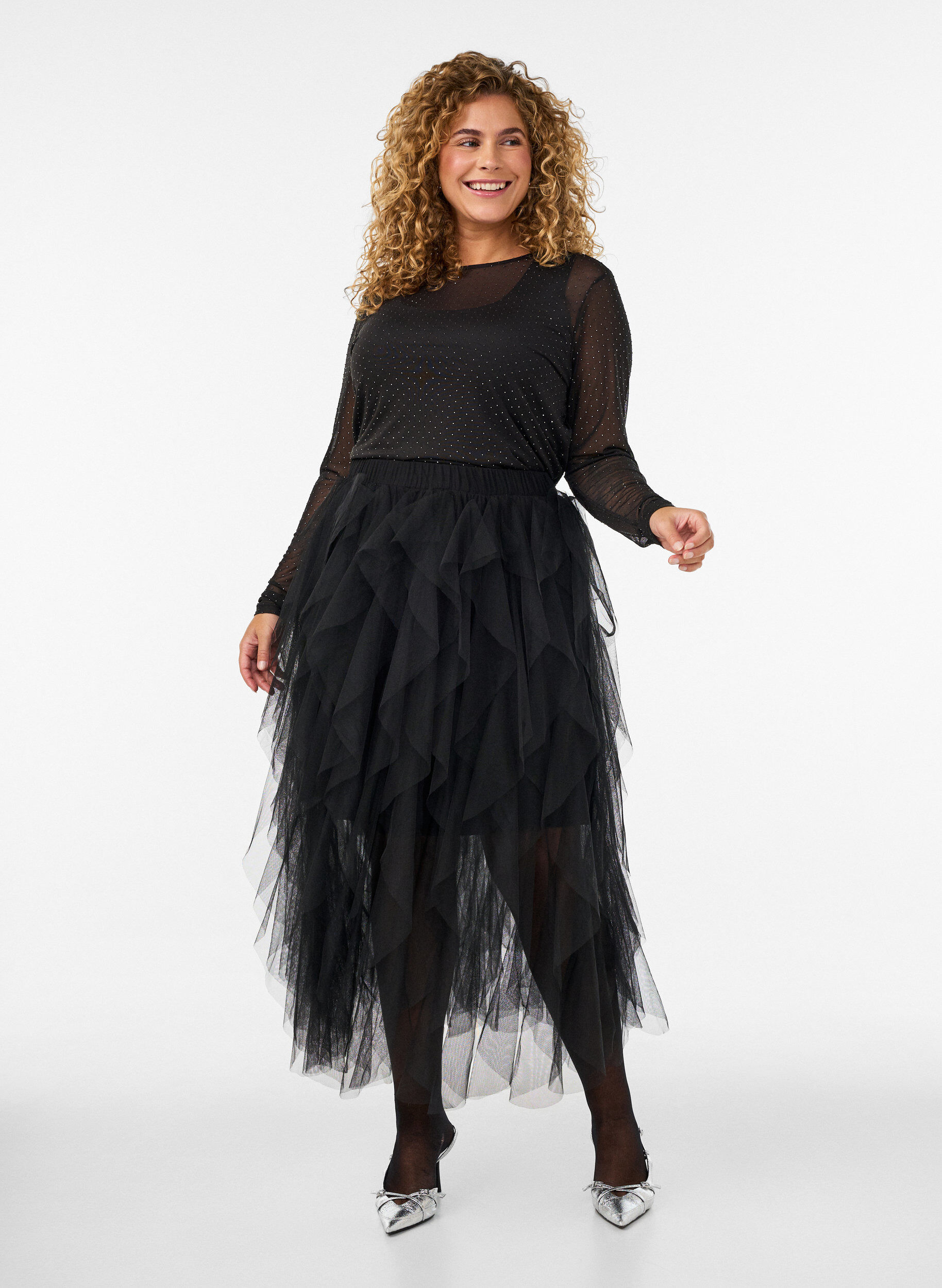 ZizziTransparent meshbluse med rhinsten, Sort, Model image number 1
