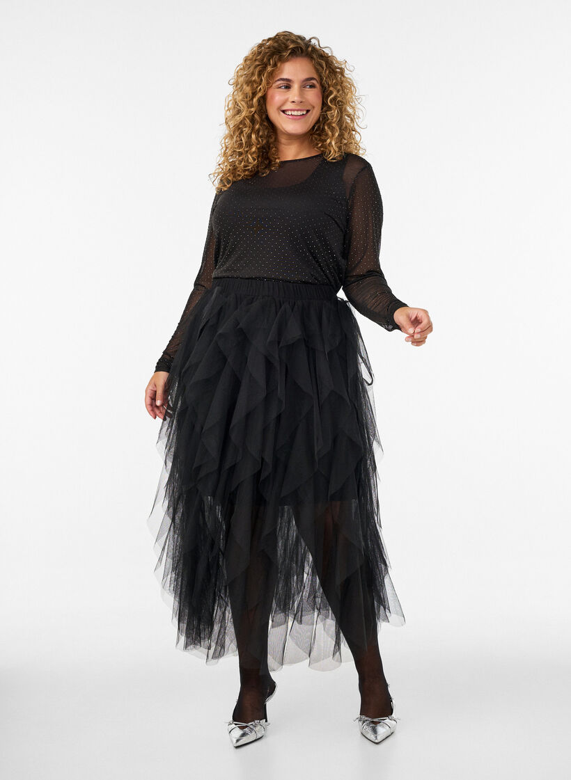 Transparent meshbluse med rhinsten, Sort, Model image number 1