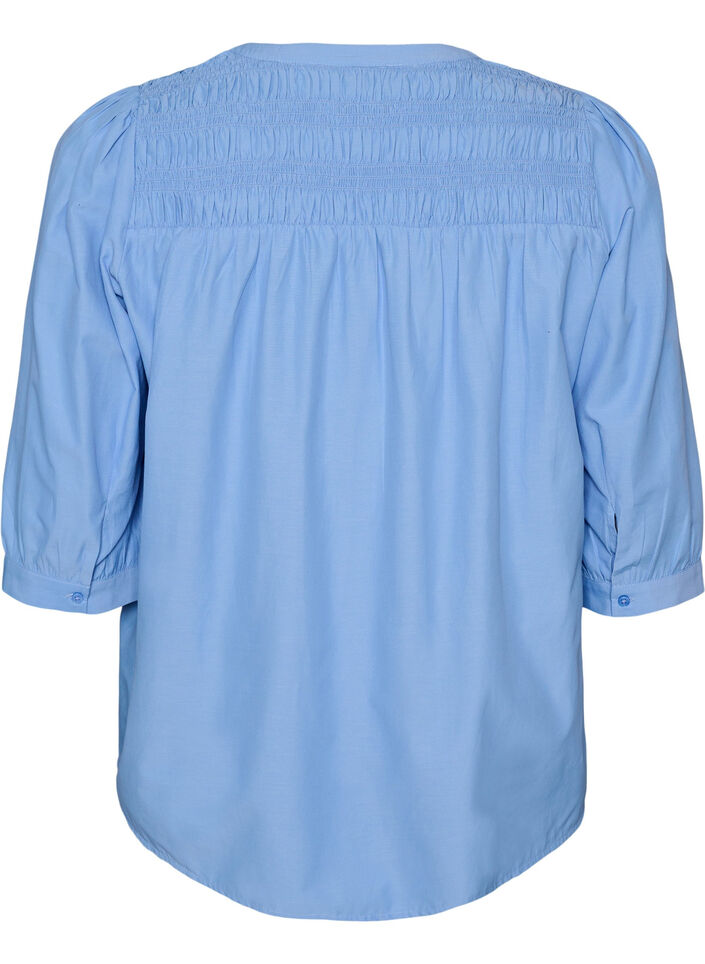 Bluse med smock og 3/4-&aelig;rmer, Bl&aring;, Packshot image number 1