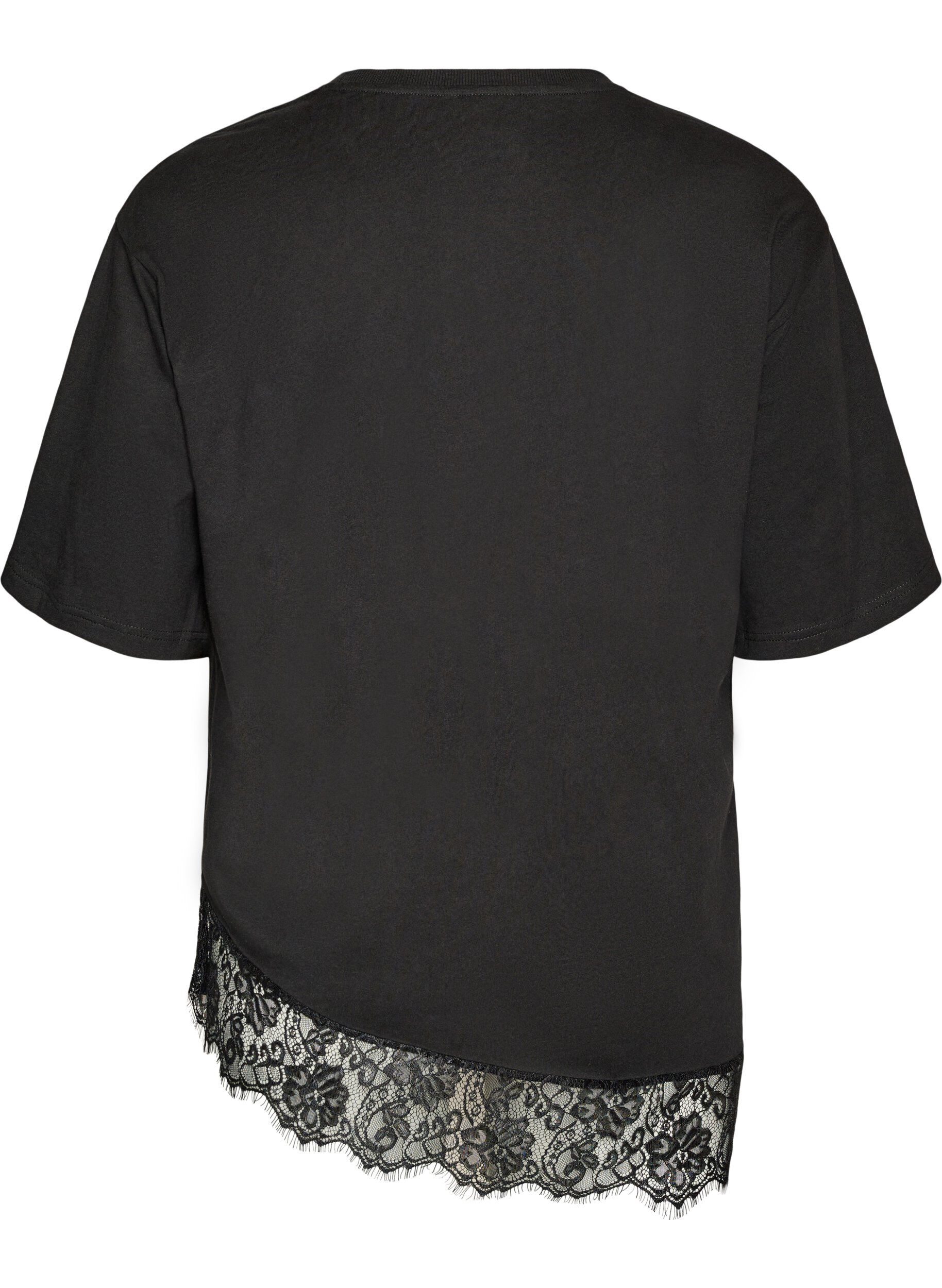 Zizzi T-shirt med asymmetrisk blondekant, Sort, Packshot image number 1
