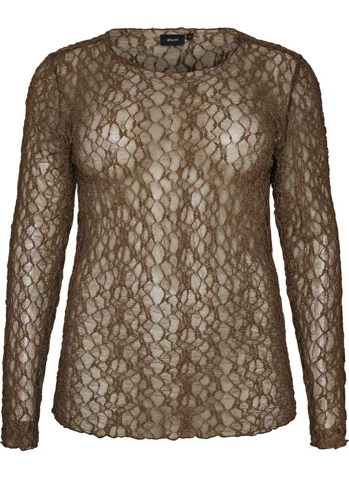Meshbluse med m&oslash;nster og glimmertr&aring;d, Brun, Packshot image number 0