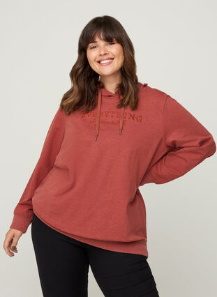 Sweatshirt med hætte og tryk, Burnt Henna Mel. , Model image number 0